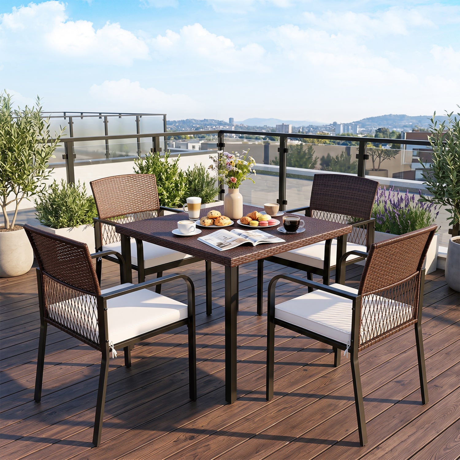 Set of four beige outdoor patio dining chairs with padded cushions and adjustable feet for patio comfort and stability.