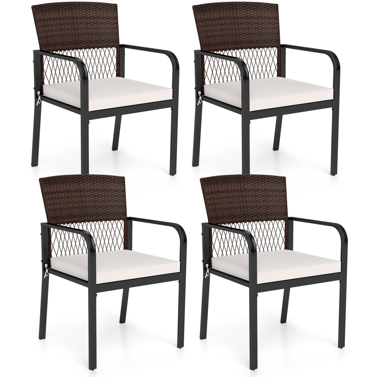 Set of four beige outdoor dining chairs with padded cushions and adjustable feet, perfect for patio seating.