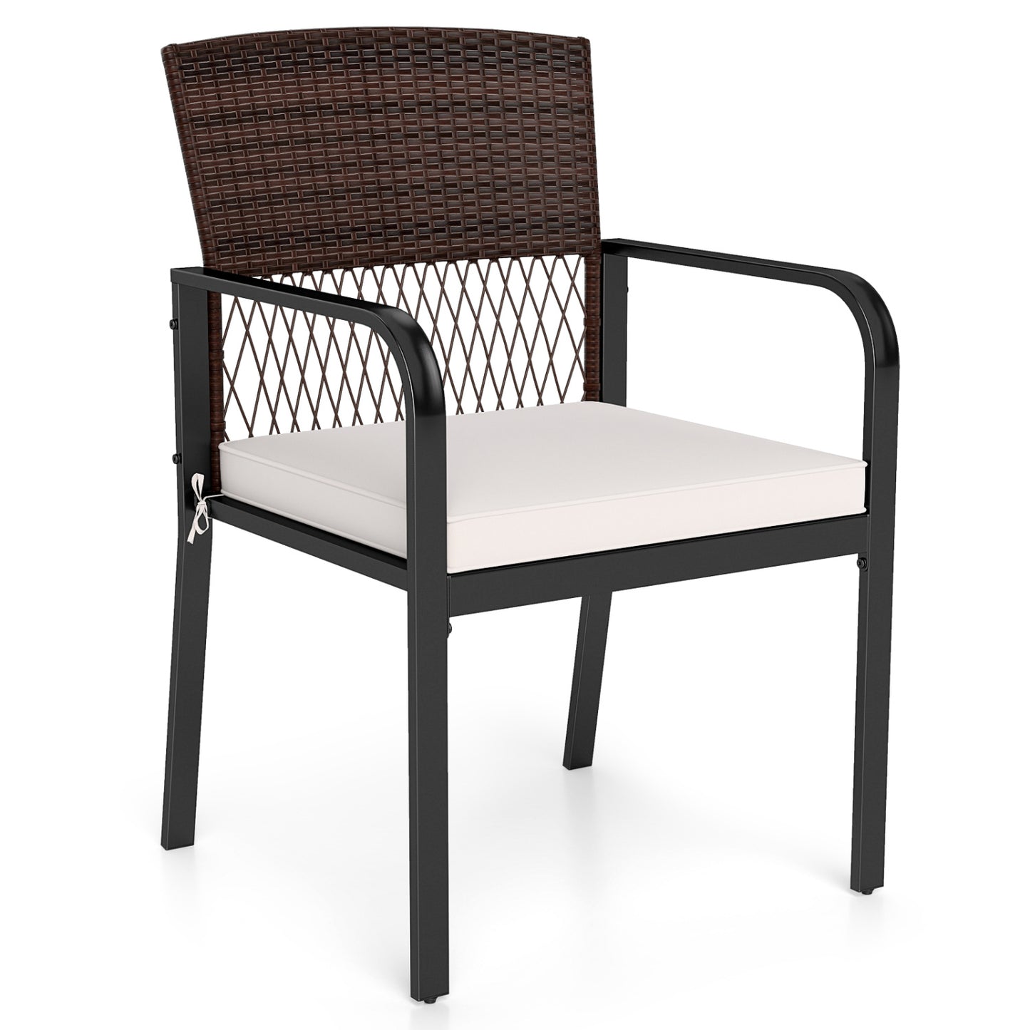Set of four beige outdoor patio dining chairs with padded cushions and adjustable feet, designed for comfortable outdoor seating.
