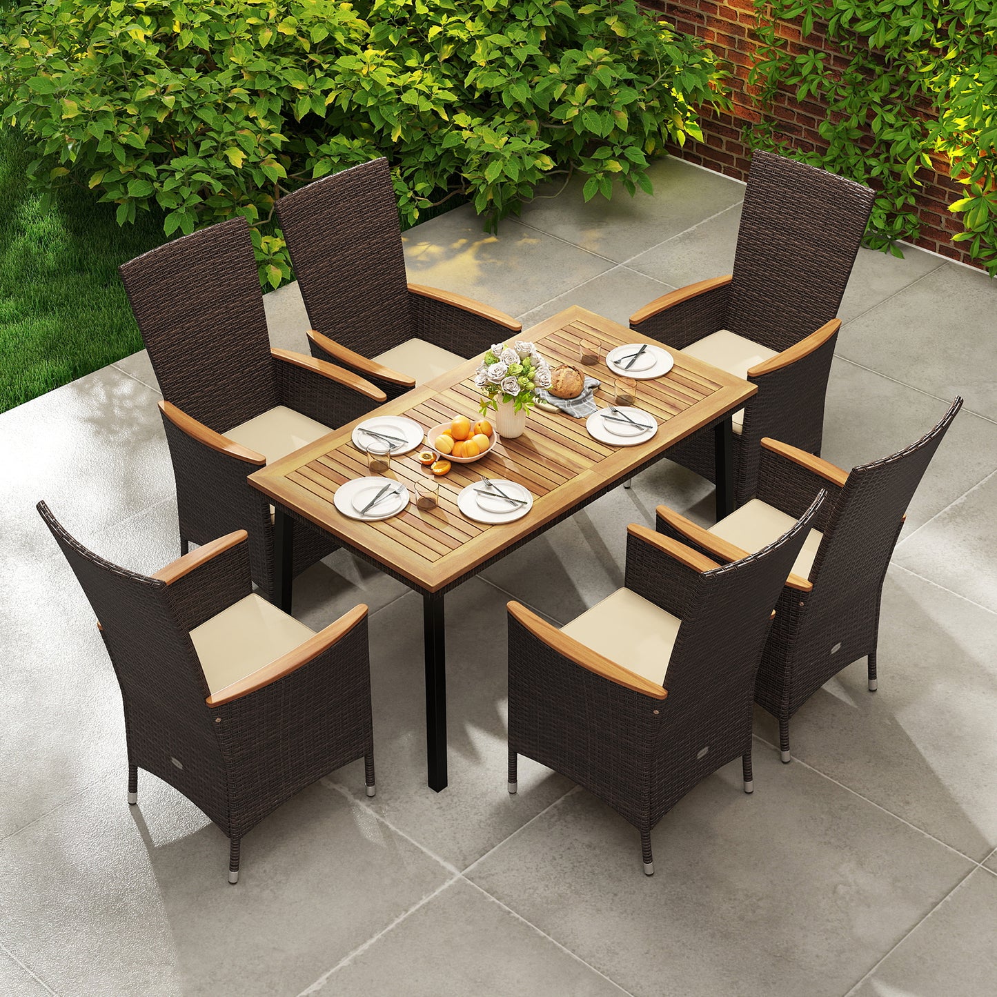 Outdoor Dining Set for 6 Patio Wicker Armchairs and Acacia Wood Table