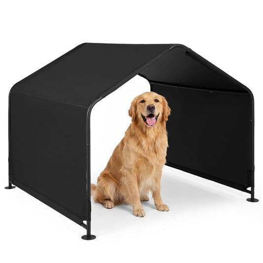 Black outdoor dog shade shelter with waterproof roof and ground stakes, designed for deck use, by Direct by Wilsons Home Store.