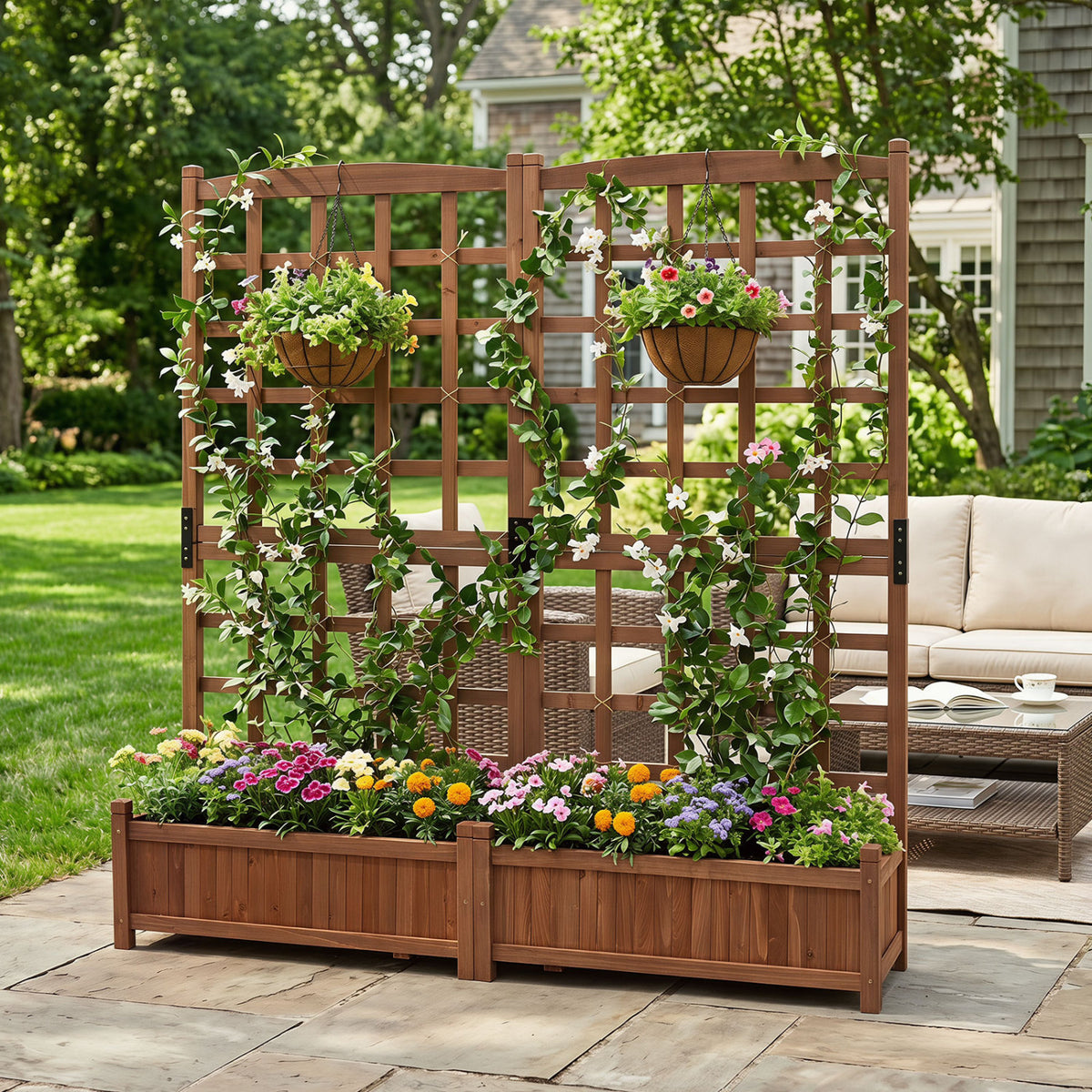 Outdoor dual wooden raised garden bed with trellis, drainage holes, in rustic brown, ideal for outdoor gardening.