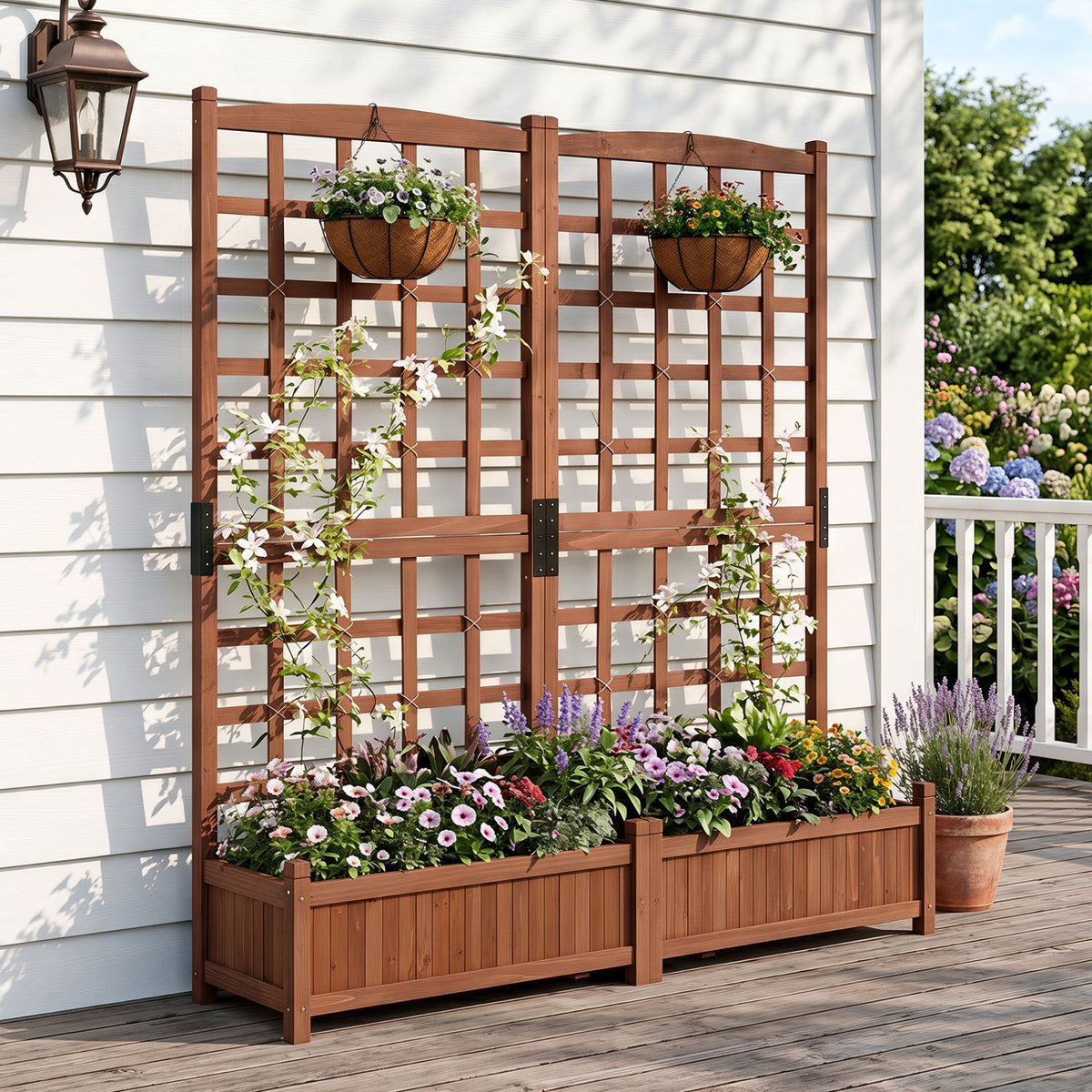 Outdoor dual wooden raised garden bed with trellis and drainage holes, rustic brown finish, ideal for garden planting.