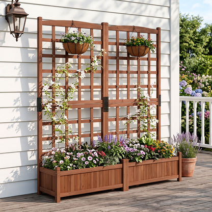 Outdoor dual wooden raised garden bed with trellis and drainage holes, rustic brown finish, ideal for garden planting.