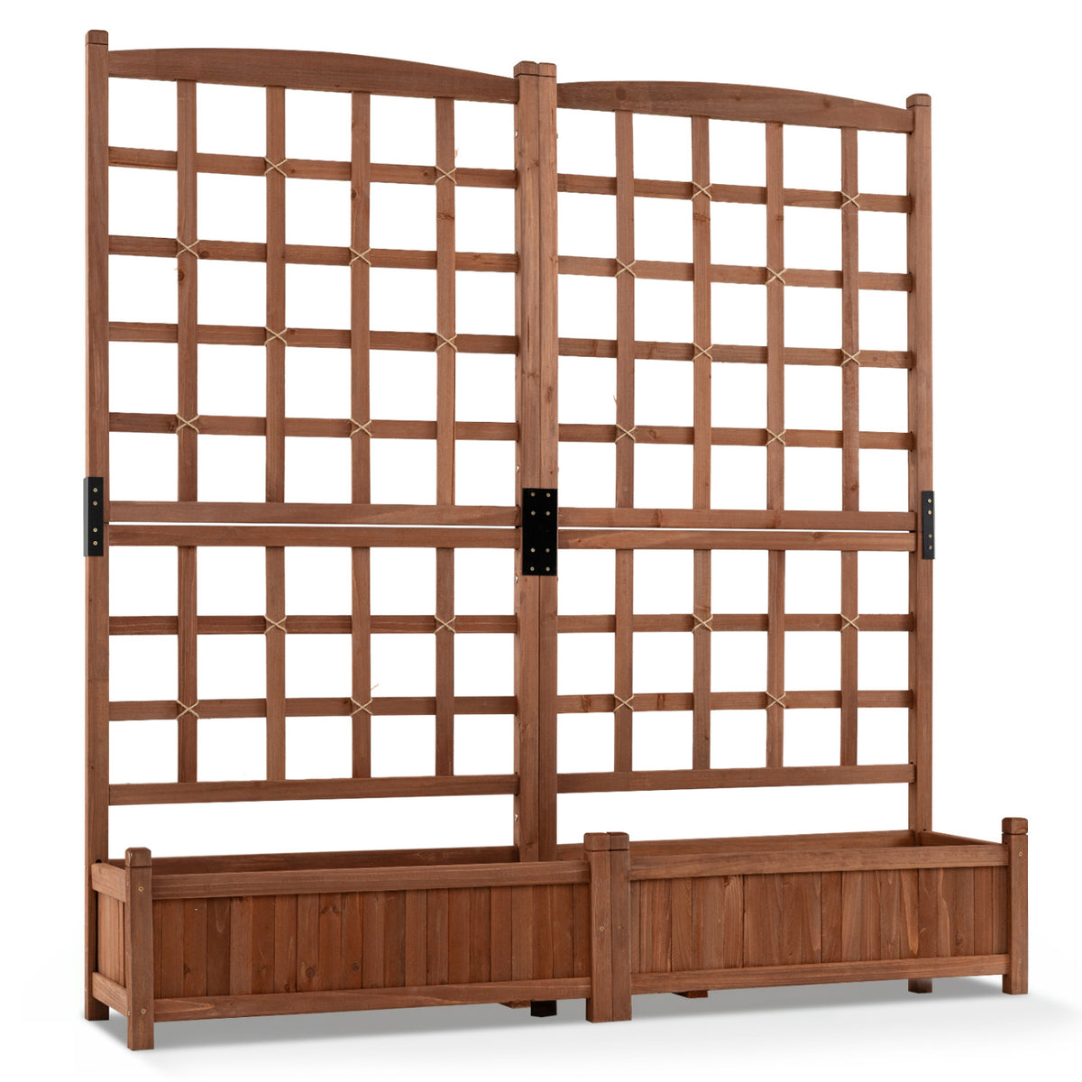 Outdoor dual wooden raised garden bed with trellis and drainage holes in rustic brown, ideal for garden planting and support.