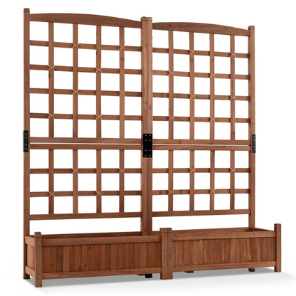 Outdoor dual wooden raised garden bed with trellis and drainage holes in rustic brown, ideal for garden planting and support.