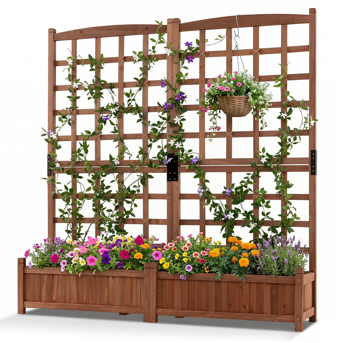 Dual wooden outdoor raised garden bed with trellis, drainage holes, rustic brown finish for gardening and outdoor planting.