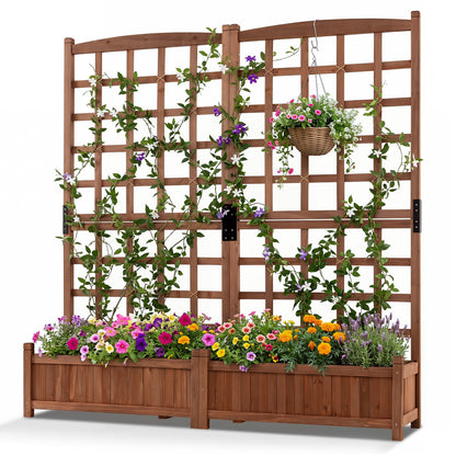 Dual wooden outdoor raised garden bed with trellis, drainage holes, rustic brown finish for gardening and outdoor planting.
