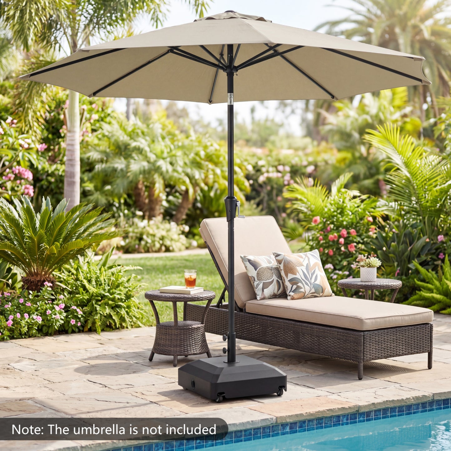 Black outdoor fillable umbrella base with wheels, water and sand weighted for stability, suitable for outdoor umbrellas.