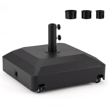 Black outdoor fillable umbrella base with wheels, water and sand weighted stand for outdoor umbrellas, by Direct Wilsons Home Store