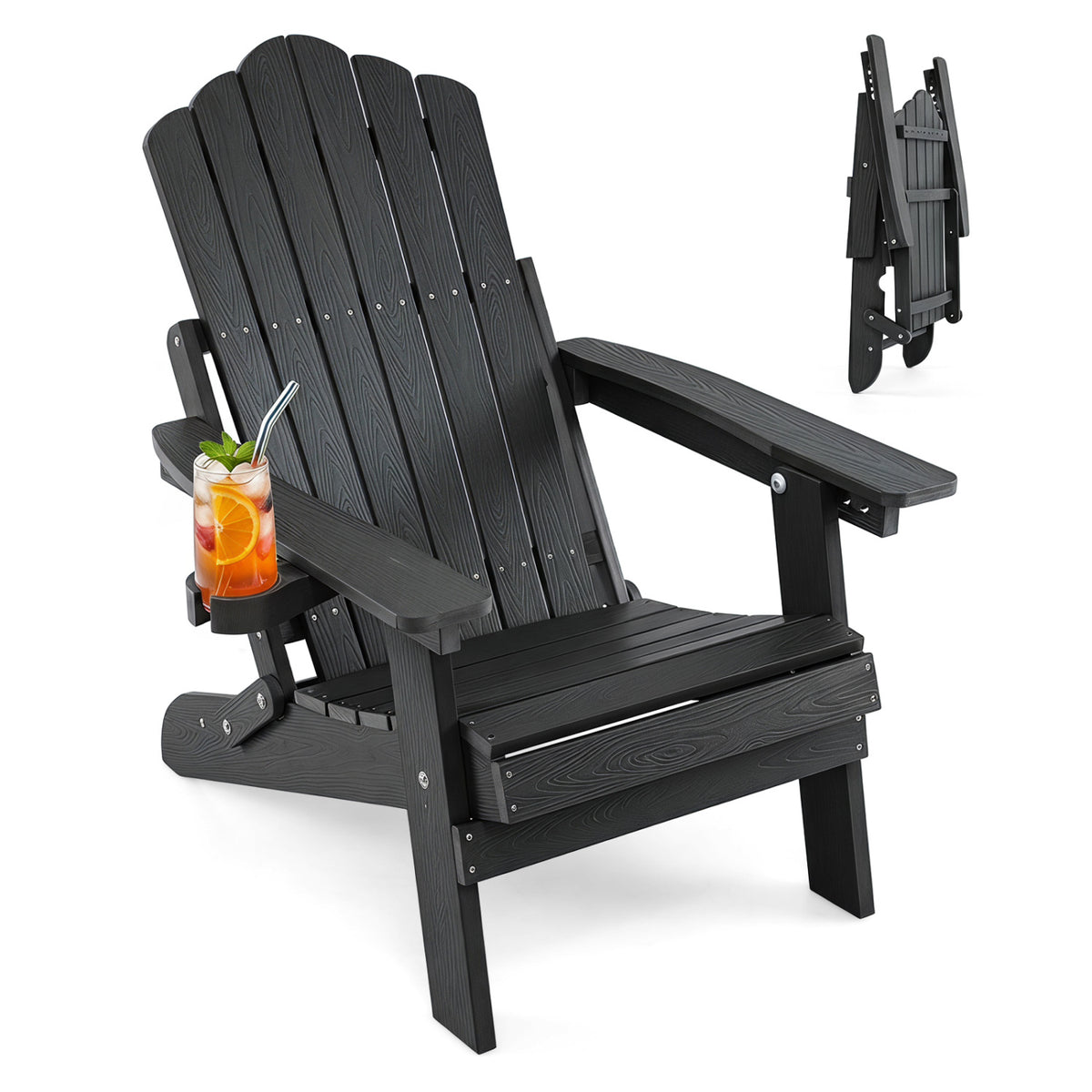 Black outdoor folding Adirondack chair with cup holder and 5-level backrest, perfect for patio seating and outdoor relaxation.