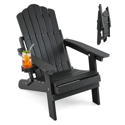 Black outdoor folding Adirondack chair with cup holder and 5-level backrest, perfect for patio seating and outdoor relaxation.
