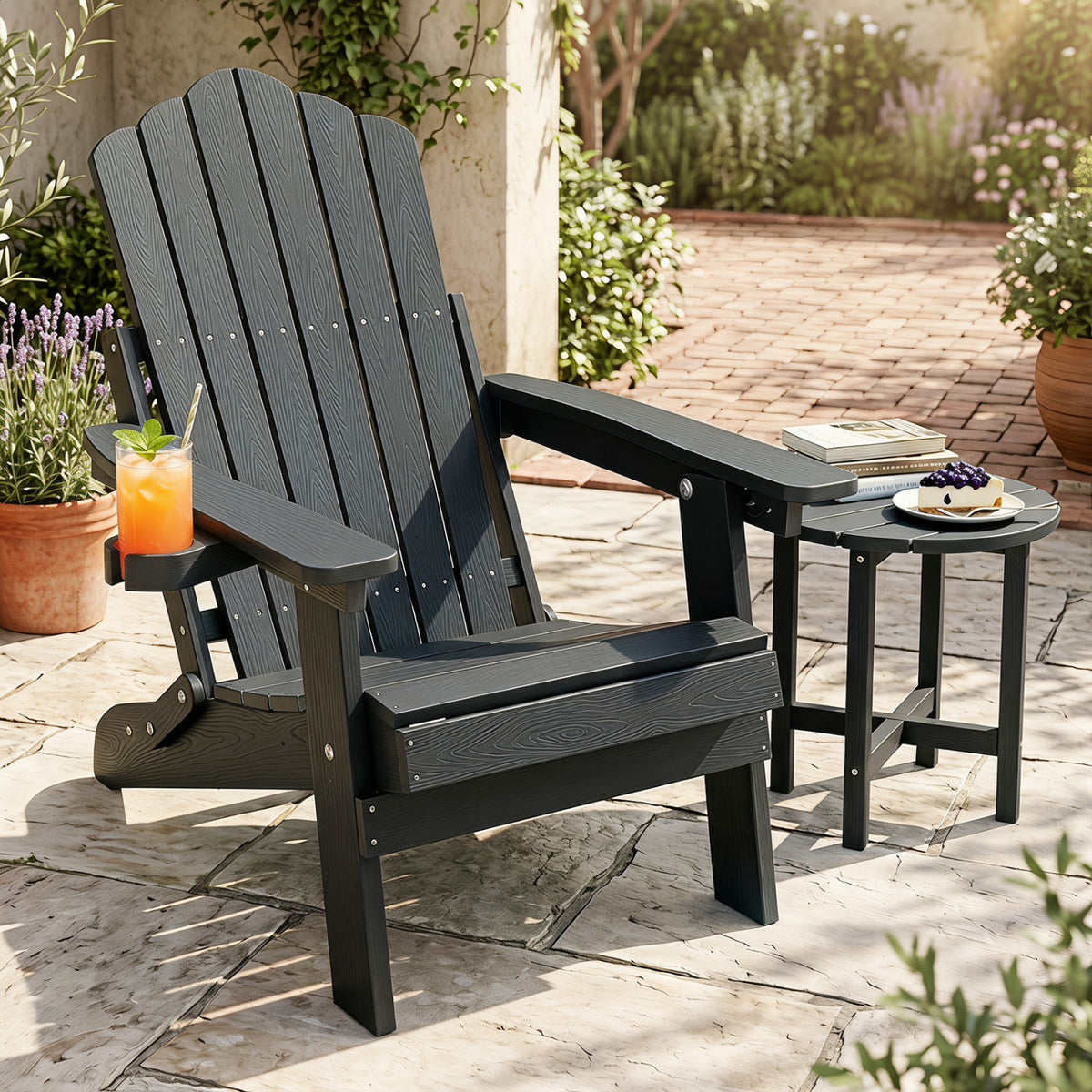 Black outdoor folding Adirondack chair with cup holder and 5-level backrest, ideal for patio seating and outdoor relaxation.