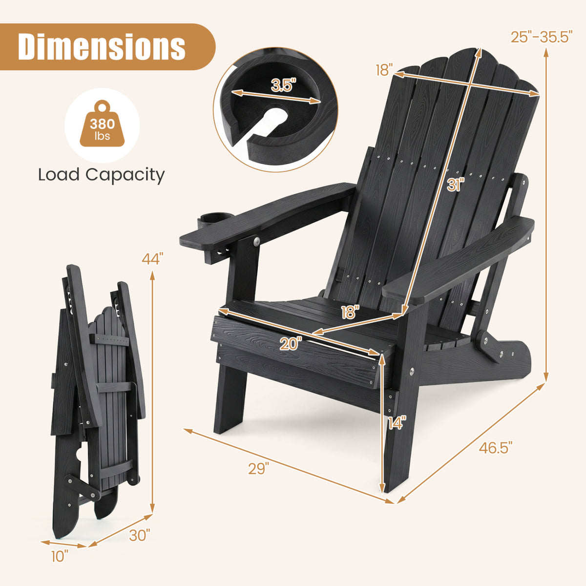 Black outdoor folding Adirondack chair with cup holder and 5-level backrest, ideal for patio seating and outdoor relaxation.