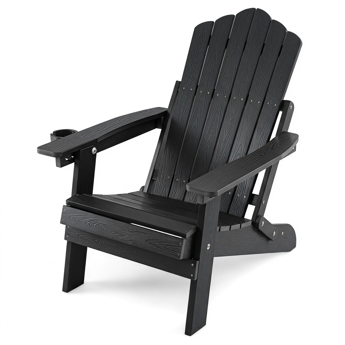 Black outdoor folding Adirondack chair with cup holder and adjustable 5-level backrest for patio seating by Wilsons Home Store