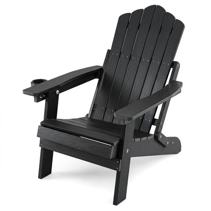 Black outdoor folding Adirondack chair with cup holder and adjustable 5-level backrest for patio seating by Wilsons Home Store