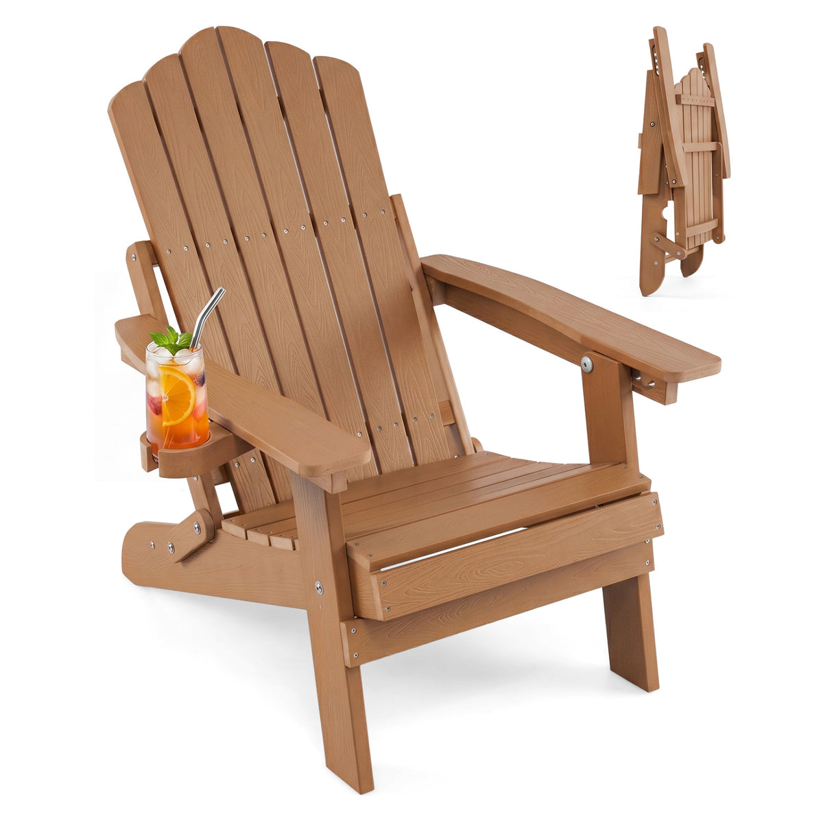 Black outdoor folding Adirondack chair with cup holder and 5-level backrest, perfect for patio seating from Wilsons Home Store.