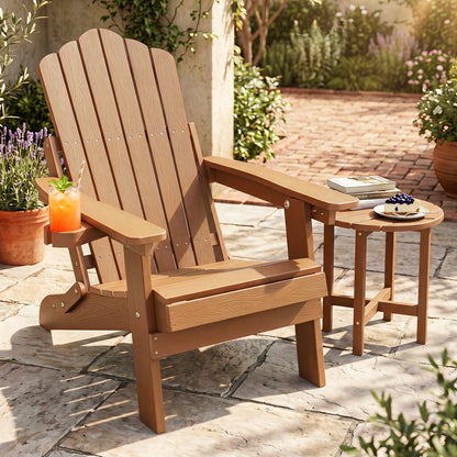 Black outdoor folding Adirondack chair with cup holder and adjustable 5-level backrest, ideal for patio seating.