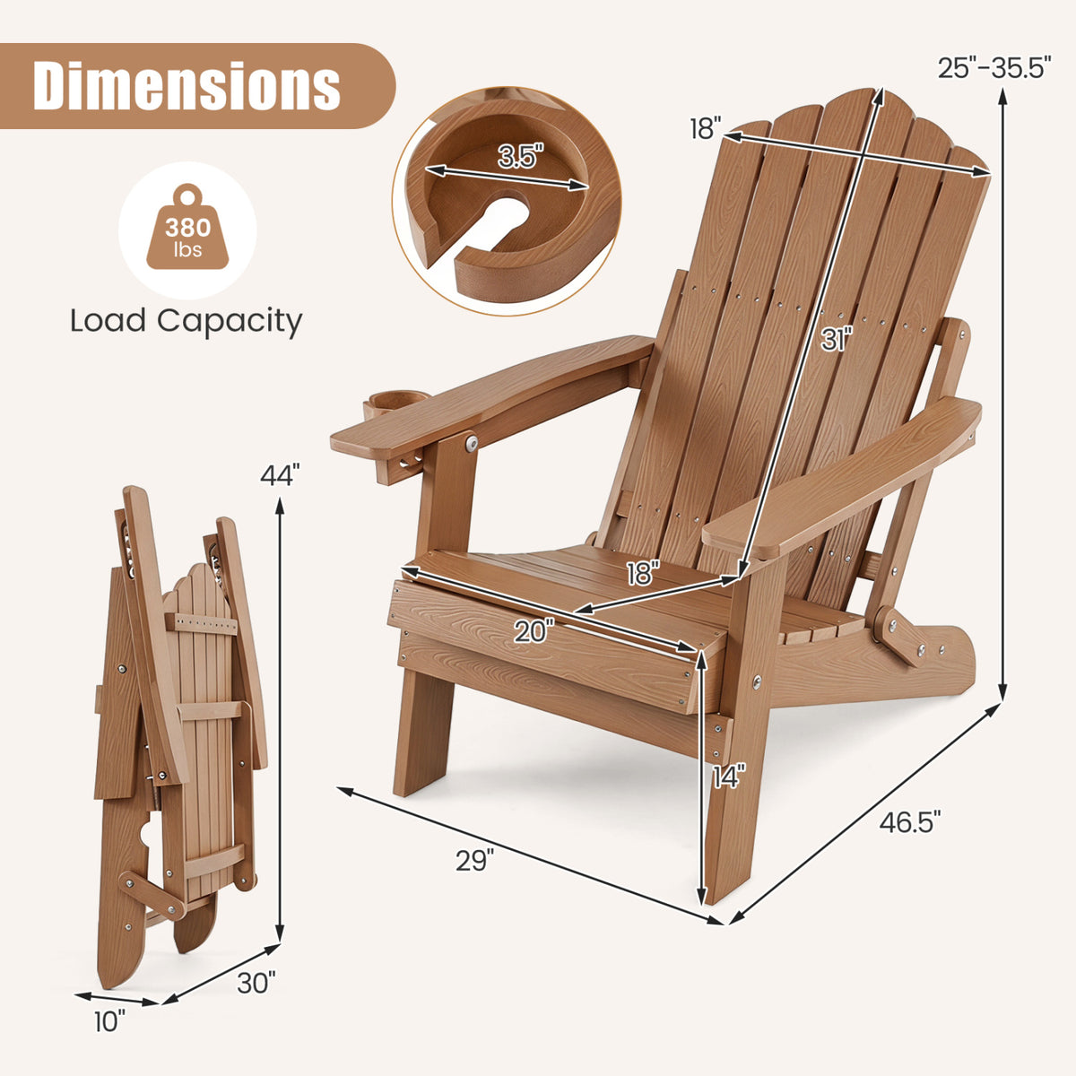 Black outdoor folding Adirondack chair with cup holder and 5-level adjustable backrest, designed for patio relaxation.