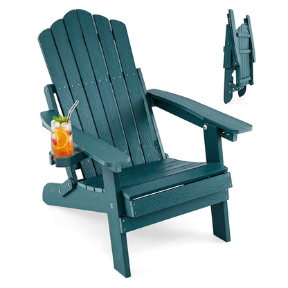 Black outdoor folding Adirondack chair with cup holder and adjustable 5-level backrest, ideal for patio seating.