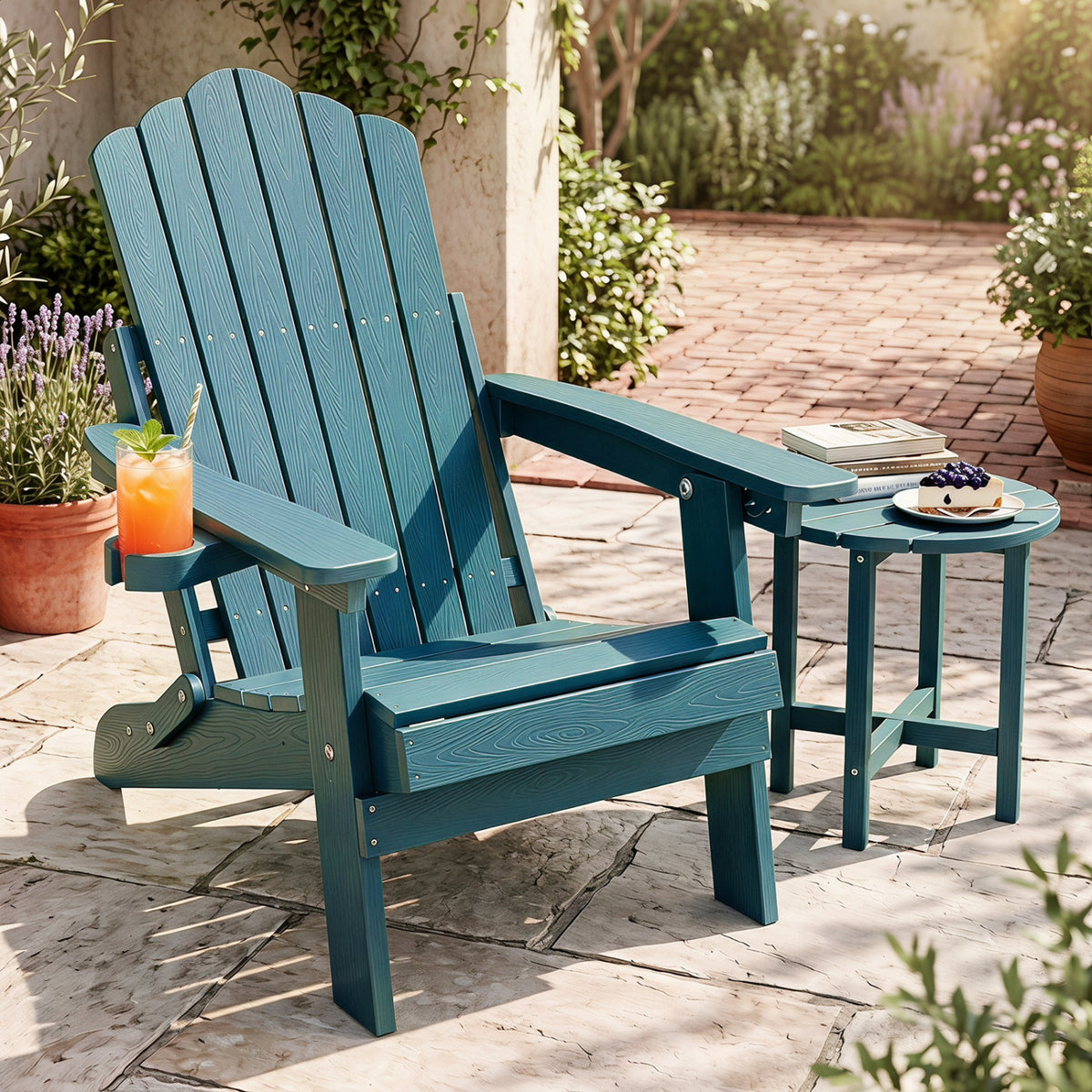 Black outdoor folding Adirondack chair with cup holder and 5-level backrest for patio seating, by Wilsons Home Store.