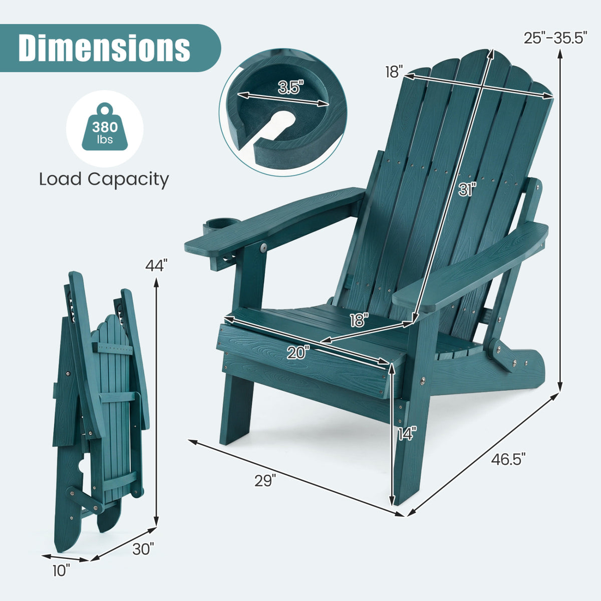 Black outdoor folding Adirondack chair with cup holder and adjustable 5-level backrest for patio seating.