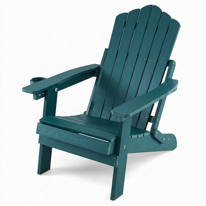 Black outdoor folding Adirondack chair with cup holder and adjustable 5-level backrest, made by Wilsons Home Store.