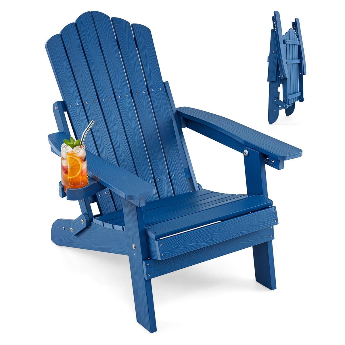 Black outdoor folding Adirondack chair with cup holder and 5-level backrest, perfect for patio seating and outdoor relaxation.