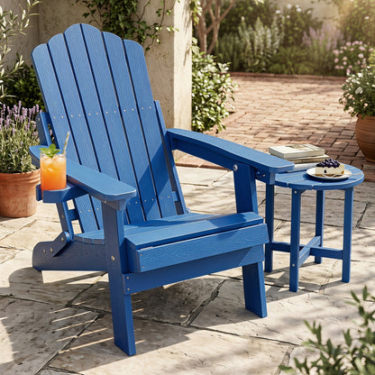 Black outdoor folding Adirondack chair with cup holder and 5-level backrest, designed for patio comfort and outdoor relaxation.