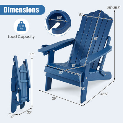 Black outdoor folding Adirondack chair with cup holder and adjustable 5-level backrest, ideal for patio relaxation.