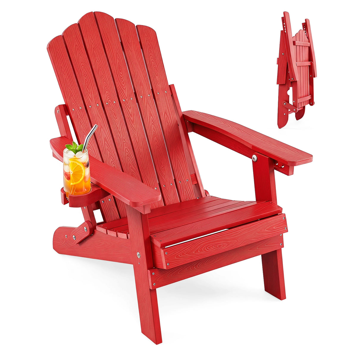 Black outdoor folding Adirondack chair with cup holder and 5-level adjustable backrest, made by Wilsons Home Store.