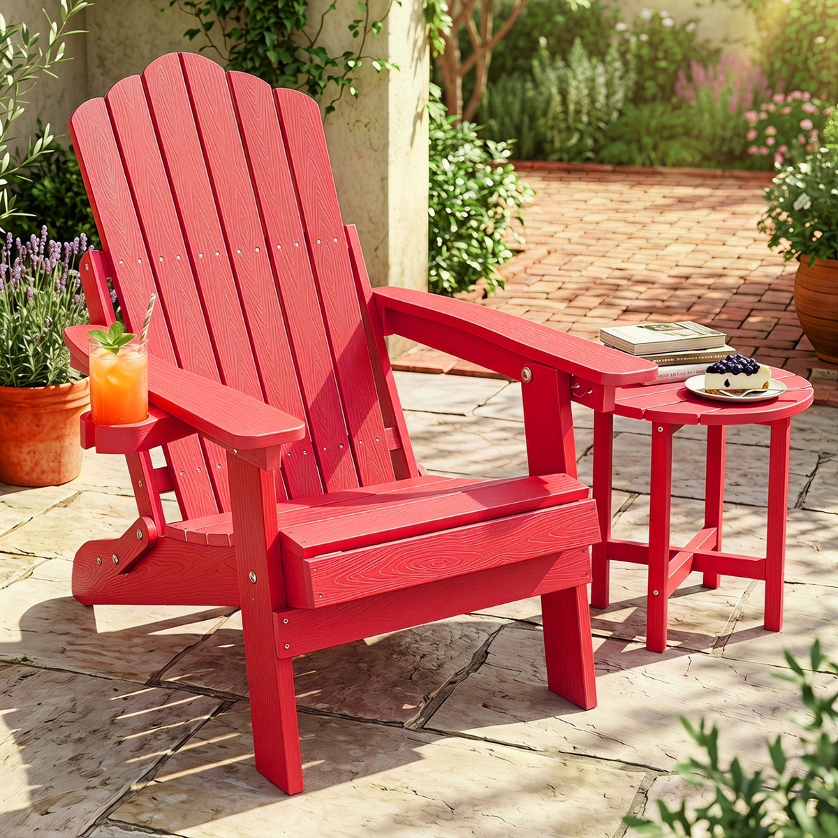 Black outdoor folding Adirondack chair with cup holder and adjustable 5-level backrest, made by Direct by Wilsons Home Store.
