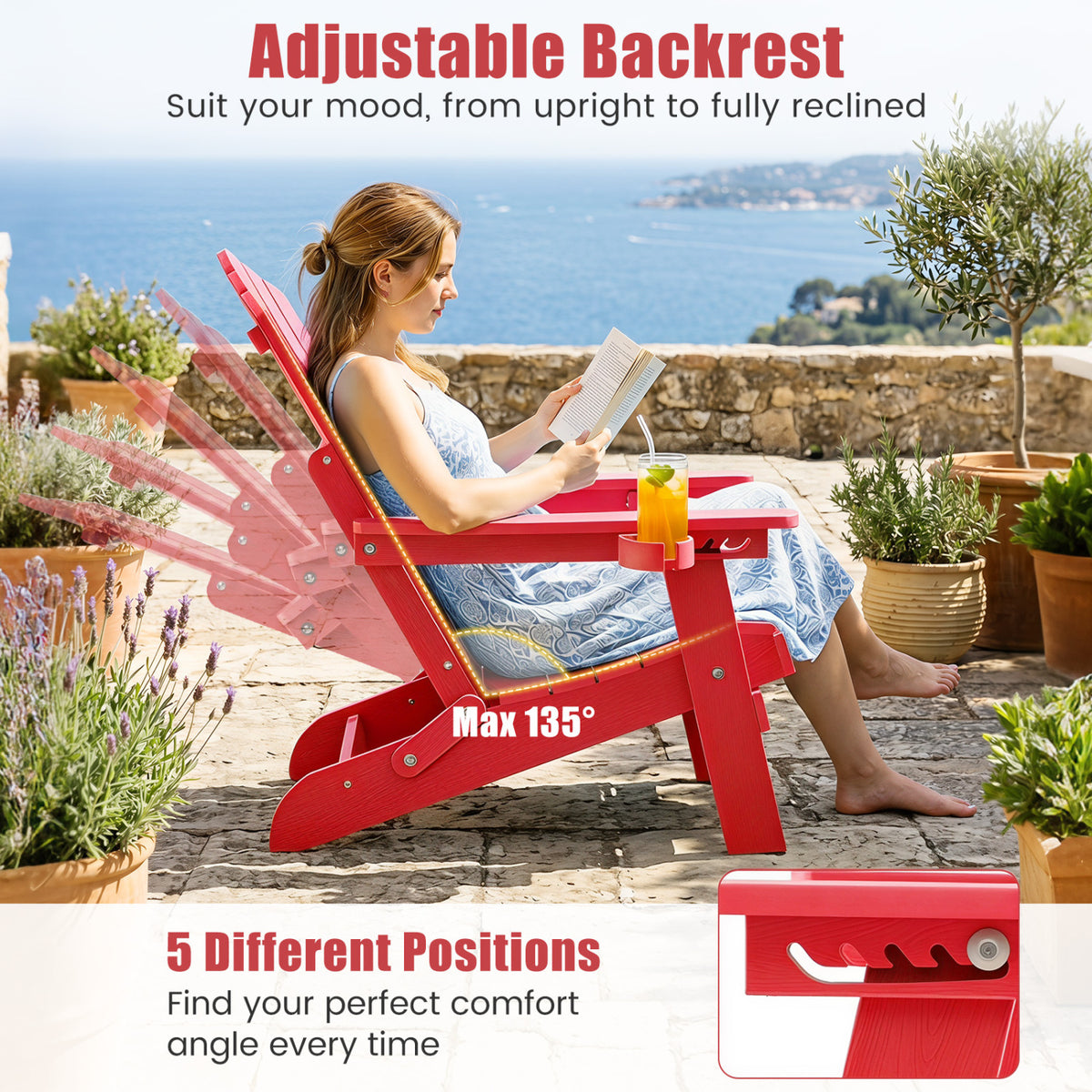 Black outdoor folding Adirondack chair by Wilsons Home Store with cup holder and 5-level adjustable backrest, suitable for patio seating.