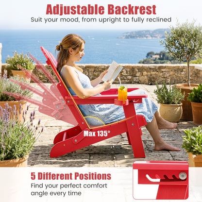 Black outdoor folding Adirondack chair by Wilsons Home Store with cup holder and 5-level adjustable backrest, suitable for patio seating.