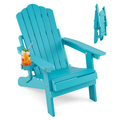 Black outdoor folding Adirondack chair with cup holder and adjustable 5-level backrest, designed for patio relaxation.