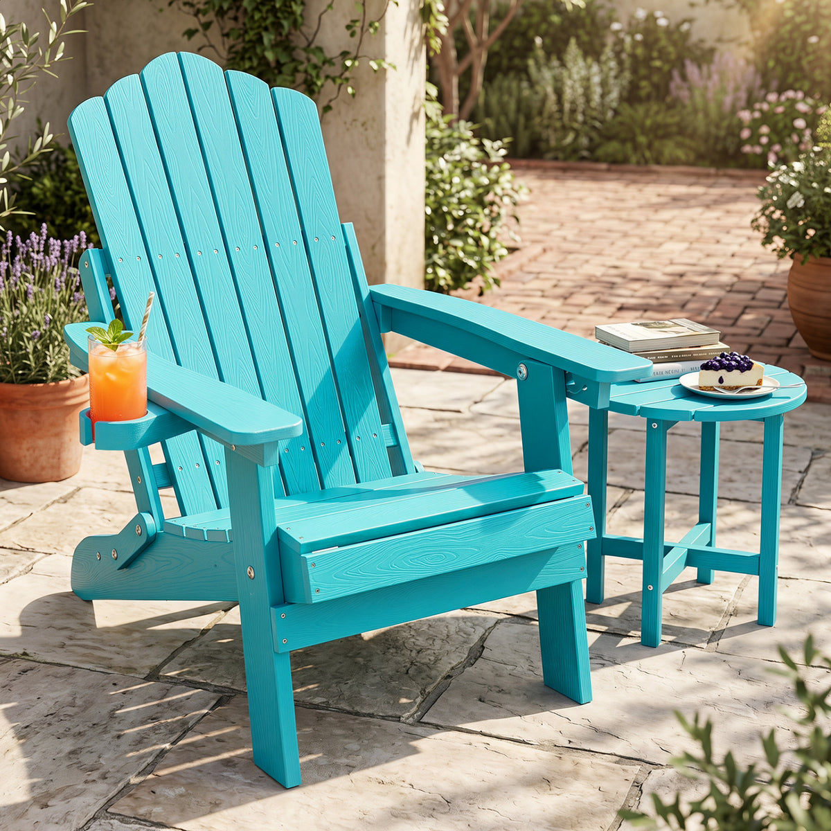 Black outdoor folding Adirondack chair with cup holder and 5-level adjustable backrest, by Direct by Wilsons Home Store.