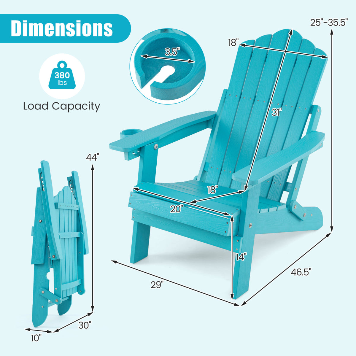 Black outdoor folding Adirondack chair with cup holder and 5-level backrest, ideal for patio seating and outdoor relaxation.