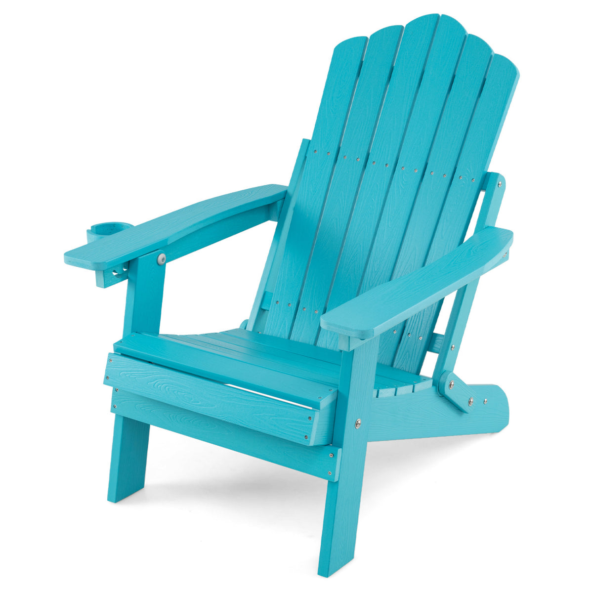 Black outdoor folding Adirondack chair with cup holder and 5-level adjustable backrest, ideal for patio seating.