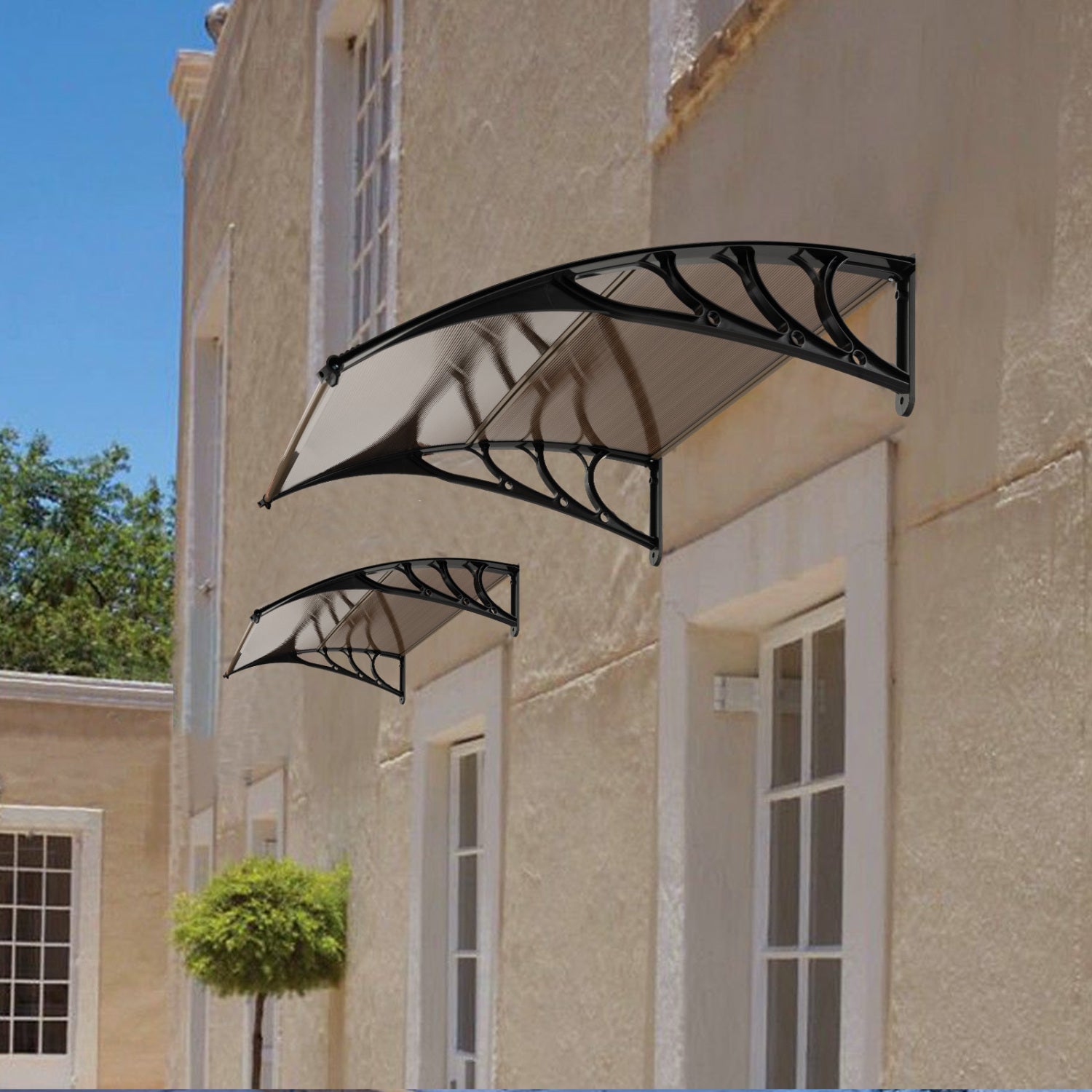 Outdoor front door patio awning by Wilsons Home Store, 40x40 inch shade for sunlight, rain, snow, and wind protection.
