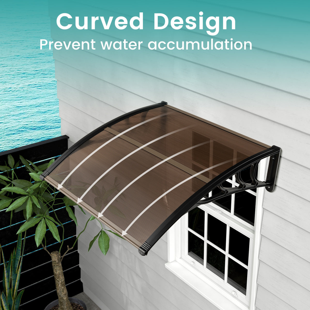 Outdoor front door patio awning by Wilsons Home Store, 40x40 inch shade for sun, rain, snow, and wind protection.