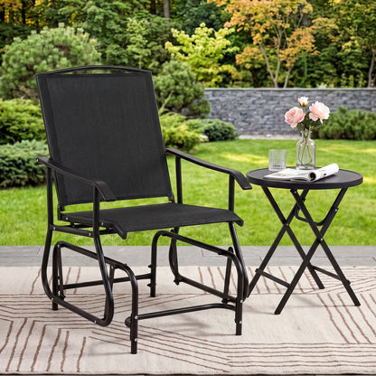 Black outdoor glider chair with metal frame and armrests, ideal for patio seating and outdoor relaxation.