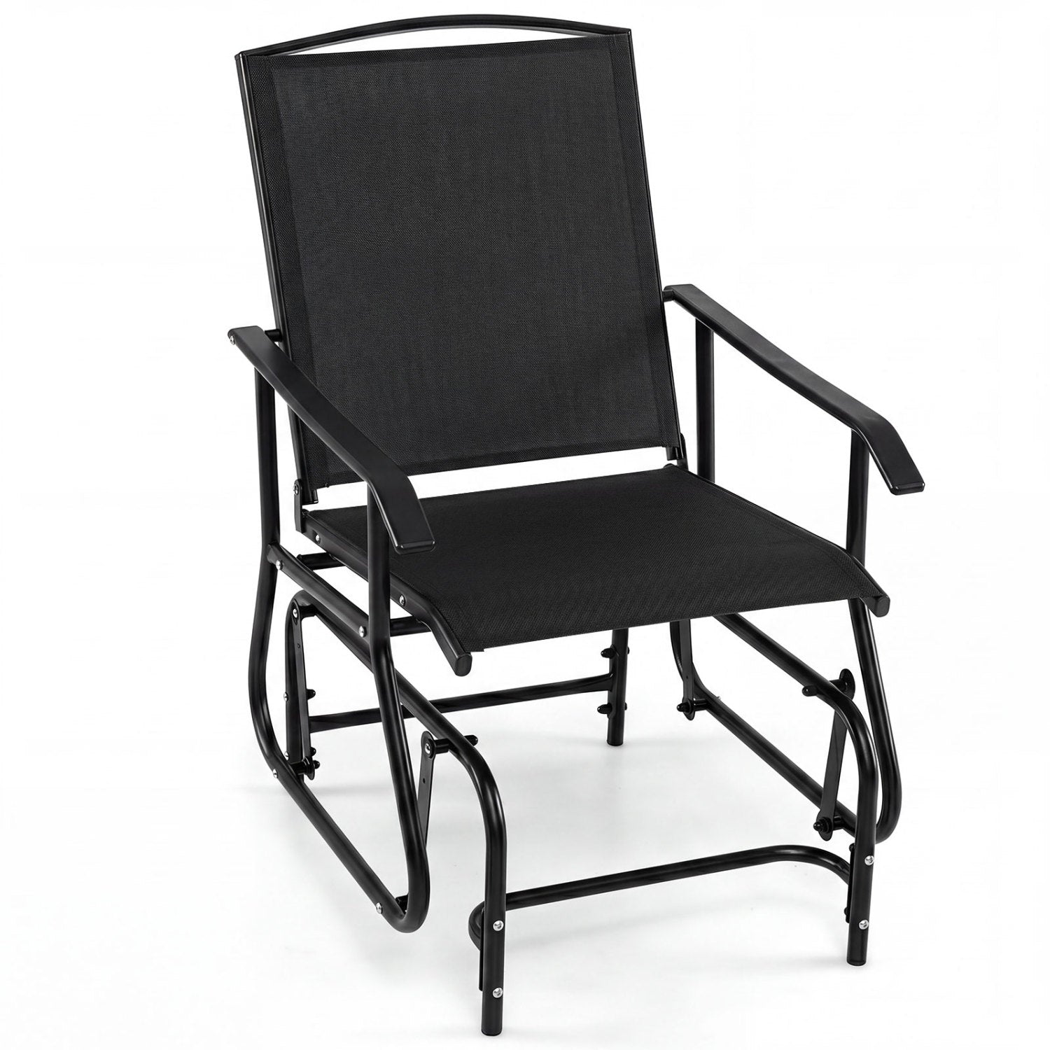 Black outdoor glider chair with metal frame and armrests, perfect for patio seating and relaxing outdoors.