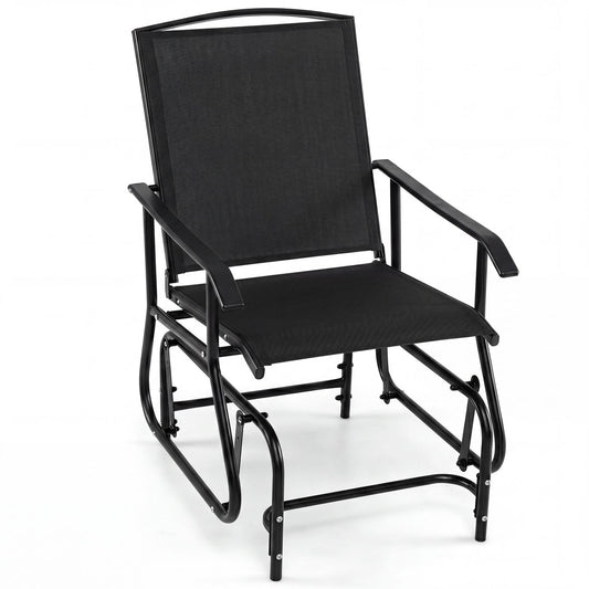 Black outdoor glider chair with metal frame and armrests, perfect for patio seating and relaxing outdoors.