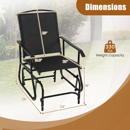Black outdoor glider chair with metal frame and armrests, perfect for patio seating and outdoor relaxation.