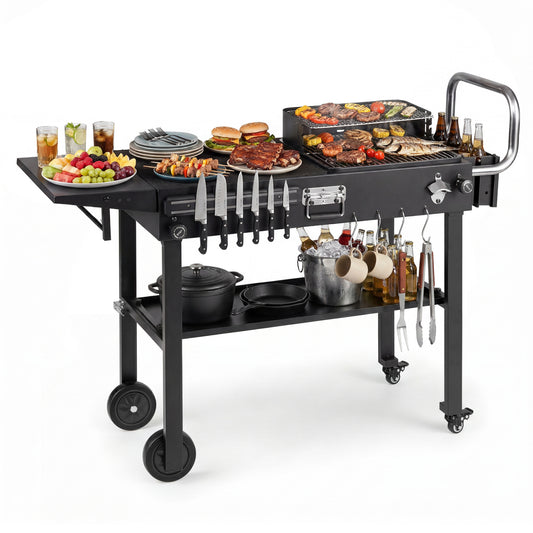 Foldable outdoor grill cart with black surface and 31x17-inch tabletop, designed for Blackstone griddles, by Wilsons Home Store.