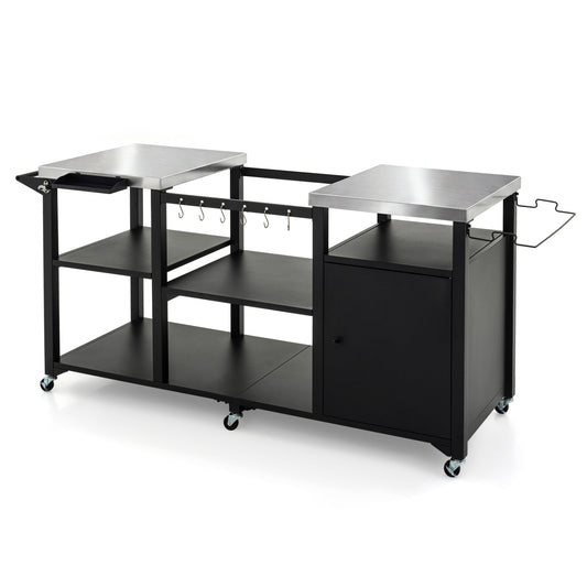 Outdoor Grill Cart with Cabinet Stainless Steel Tabletop and Hooks-Black