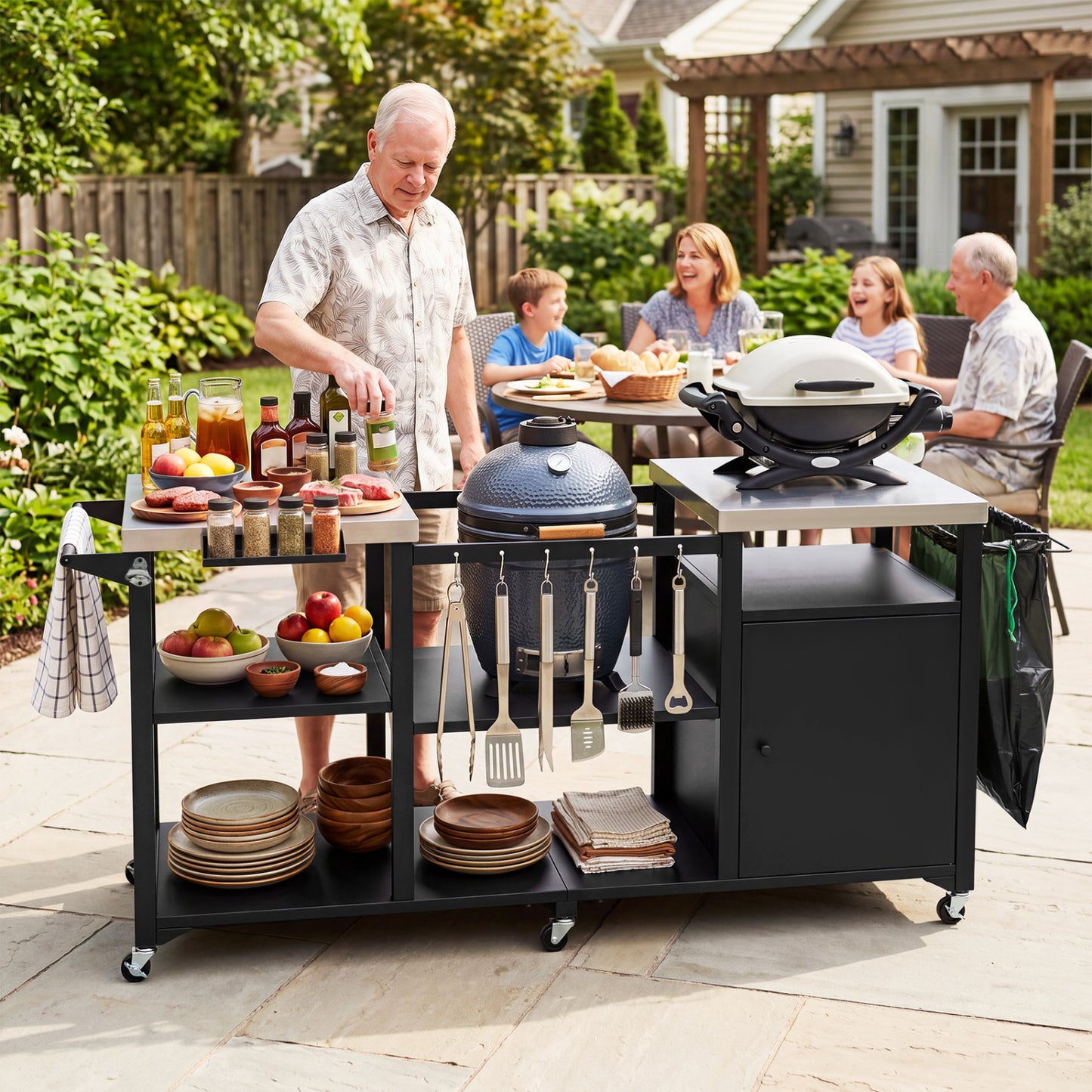 Outdoor Grill Cart with Cabinet Stainless Steel Tabletop and Hooks-Black
