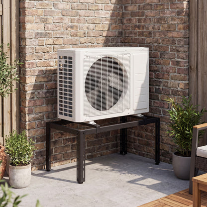 Heavy-duty black outdoor AC base for 9000-36000 BTU ductless mini split air conditioners and heat pumps, designed for durability.