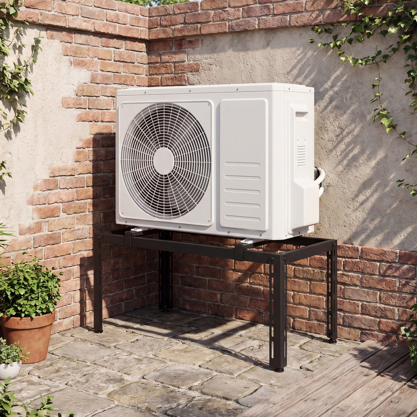 Black outdoor heavy-duty AC base for 9000-36000 BTU ductless mini split air conditioners and heat pumps, sturdy outdoor appliance support.
