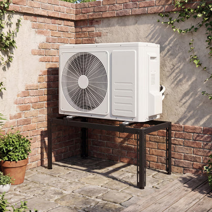 Black outdoor heavy-duty AC base for 9000-36000 BTU ductless mini split air conditioners and heat pumps, sturdy outdoor appliance support.